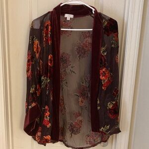 Floral Sheer Kimono with Velvet Trim